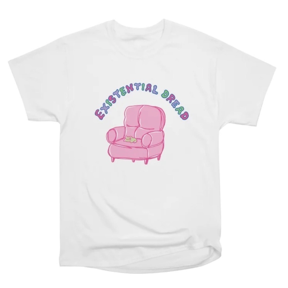 Existential Dread Graphic Tee Pink Chair Cartoon Shirt Unisex Size Small